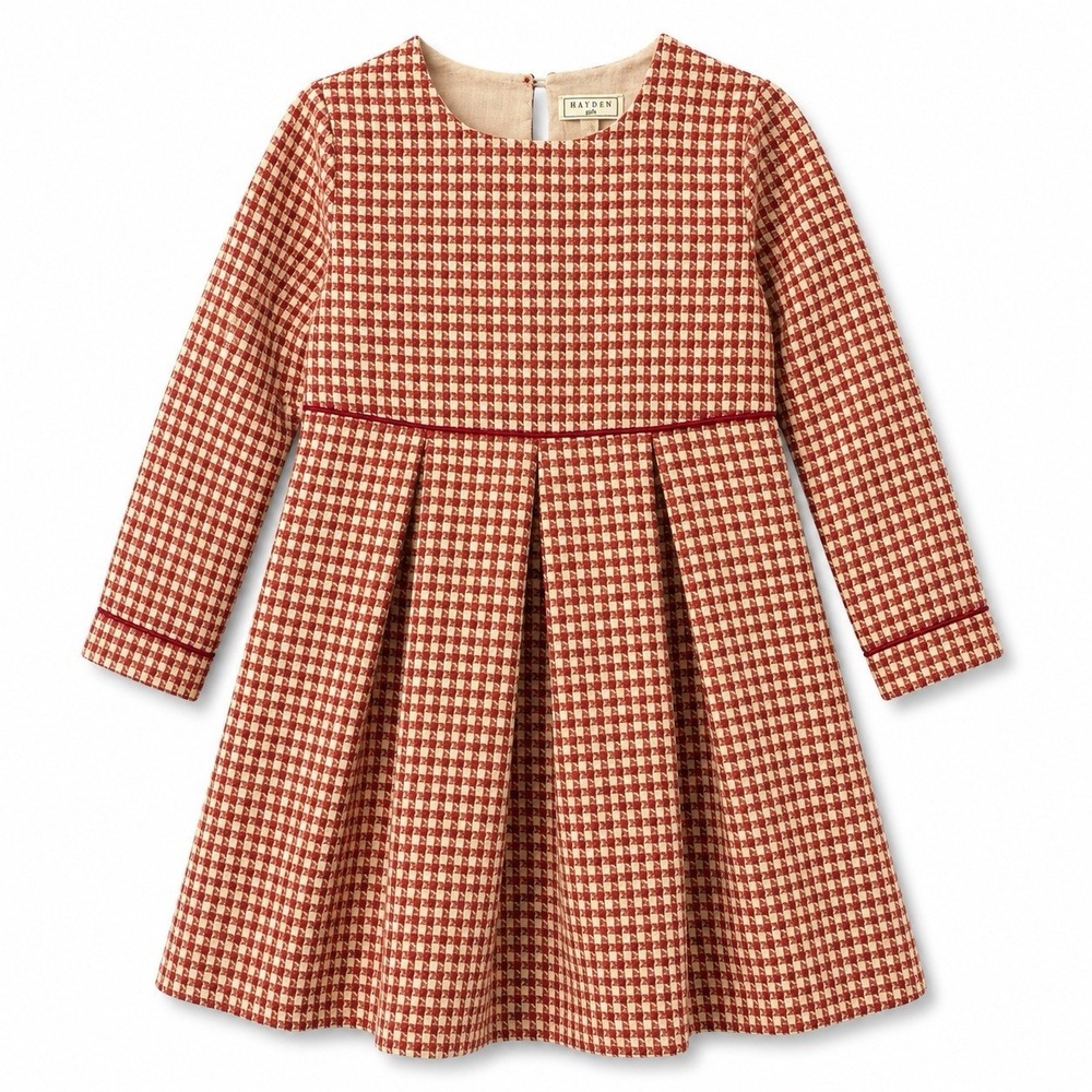 Hayden Girls XL Houndstooth Gingham Dress Red Cream Box Pleat Piping Long Sleeve